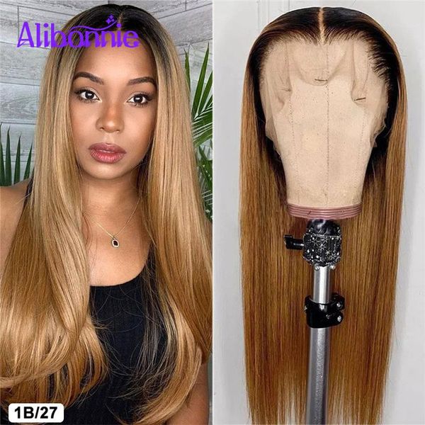 

alibonnie 4x4 ombre lace front wig natural hair closure with baby 4/27 remy pre plucked human wigs, Black;brown