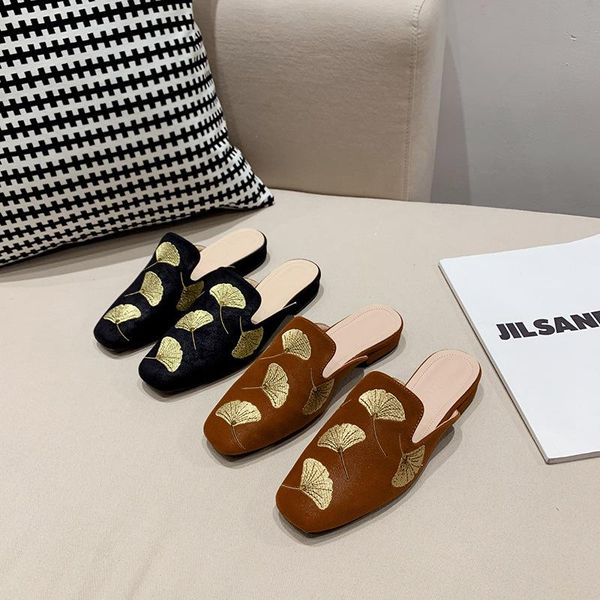 

mules for women embroidery slippers square toe low heel shoes slip on slides ladies casual loafers shallow brand sandals, Black