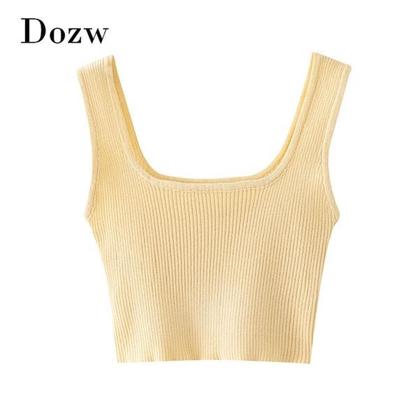 Sexy Backless Yellow Camisoles Women Solid Knit Tops Short Summer Sleeves Basic Cropped Ropa Mujer 210515