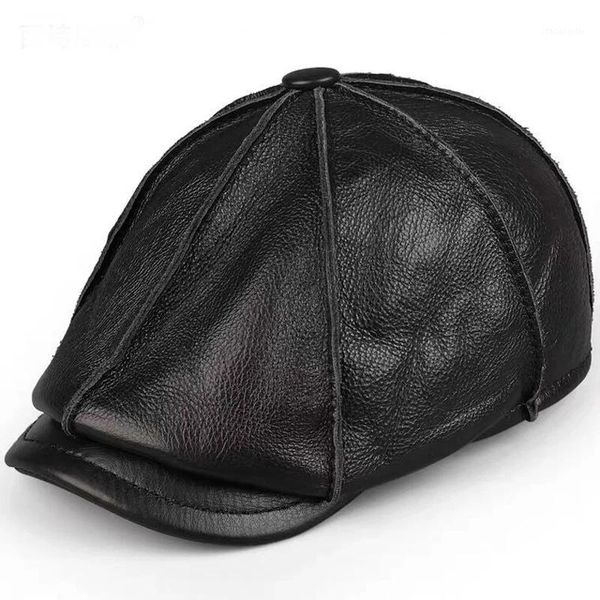 

berets octagonal genuine leather beret hat winter men's cowhide elegant fashion student tongue cap snapback caps for driver, Blue;gray