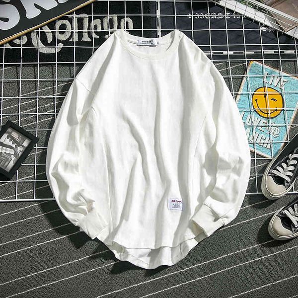 

cotton long sve t-shirt autumn style loose solid color men's pullover round neck large base shirt, White;black