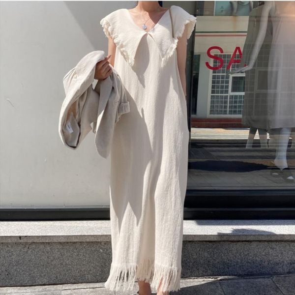 

[ewq] korea chic casual fashion womens dresses lapel solid color robe stitching fringed women office midi dress apricot summer 16w1477, Black;gray
