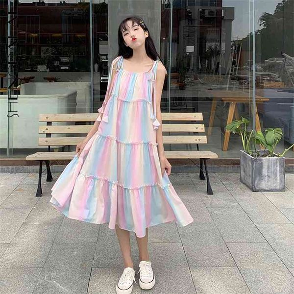 

rainbow striped spaghetti strap dress women's summer square collar sleeveless mid-calf sundress beach 5e232 210427, Black;gray