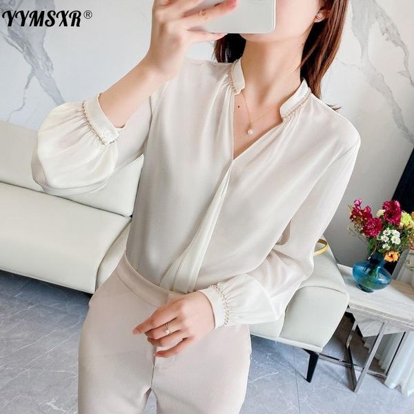 

women's blouses & shirts plus size shirt chiffon casual long-sleeved thin beaded chain v-neck bottoming white blouse
