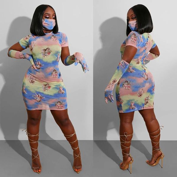 

men's t-shirts 2021 short sleeve print bodycon dress summer women party elegant slim with gloves and face mask three-piece set#j30, White;black