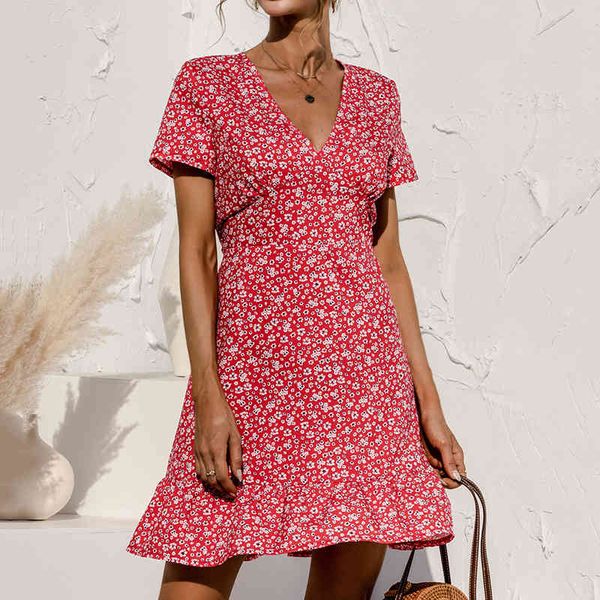 

v-neck print floral cake stitching ruffles dress summer short-sleeved v-neck beach mini print dress vestidos women dress 210514, Black;gray