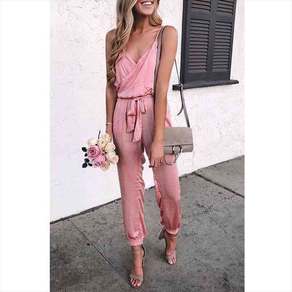 

womens v neck spaghetti strap elastic waist slit leg ankle tie jumpsuits rompers with pockets, Black;white