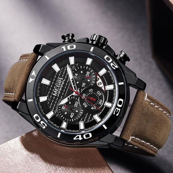 

wristwatches 2021megir men's big dial leather quartz watches water ressistance luminous sport wristwatch male creative casual clock rel, Slivery;brown