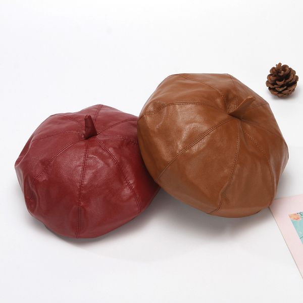 

hat girl autumn winter pu leather beret british and designer octagonal student versatile artist trend, Yellow