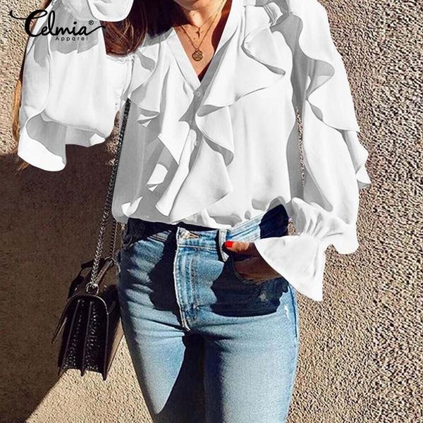 

women's blouses & shirts 5xl celmia plus size summer ruffled women elegant v neck long sleeve casual 2021 female street work blusas, White