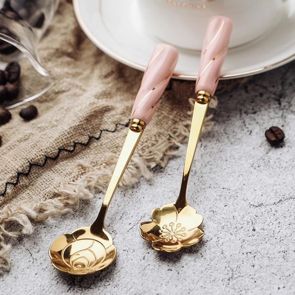 

spoons stainless steel tableware tea coffee mixing spoon flower-shaped surface ceramic handle dessert ice cream bar tool