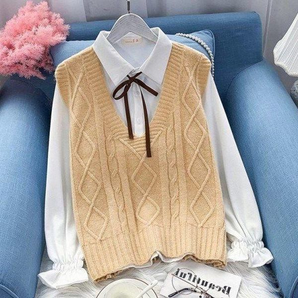 

women's vests [vest + shirt]2021 spring shirt vest suit sleeveless sweater two piece jacket knitting set, Black;white