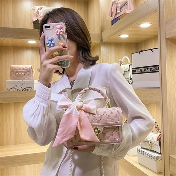 

outlet sale 80% off new style pearl chain messenger bag fashion embossed portable shoulder bow scarf small square bag wholesale store