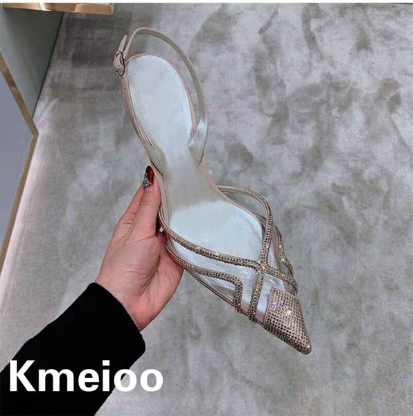 

kmeioo fashion pointed toe crystal clear sandals slingbacks thin heel women wedding party banquet stiletto, Black