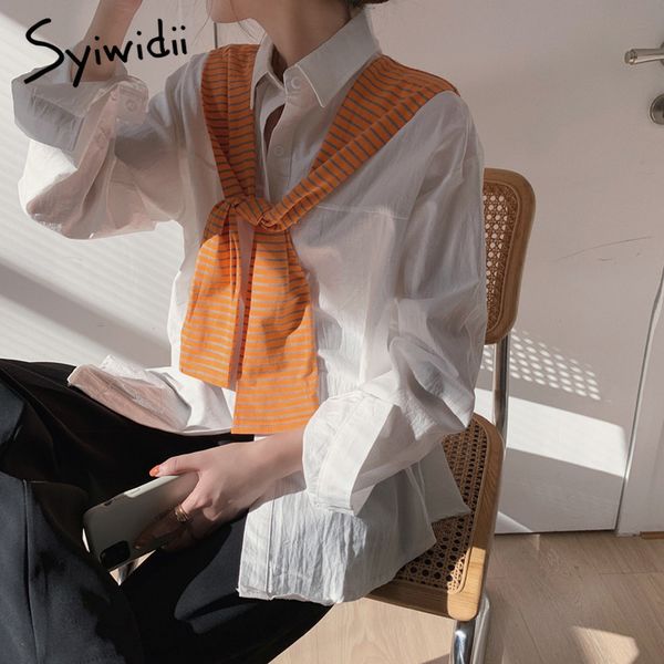 

syiwidii cotton white blouse women casual button up shirt with shawl korean fashion ladies pink blue long sleeve shirt 210417