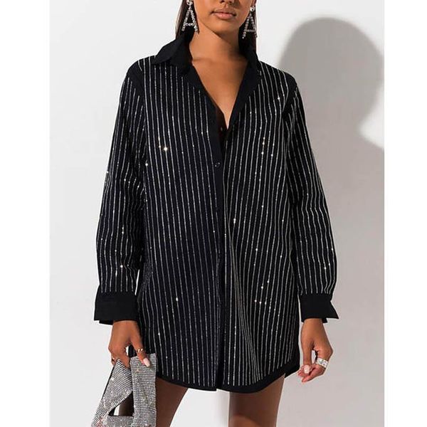 

casual dresses women diamond embellished shirt dress solid female blouse winter long sleeve office ladies chic short, Black;gray