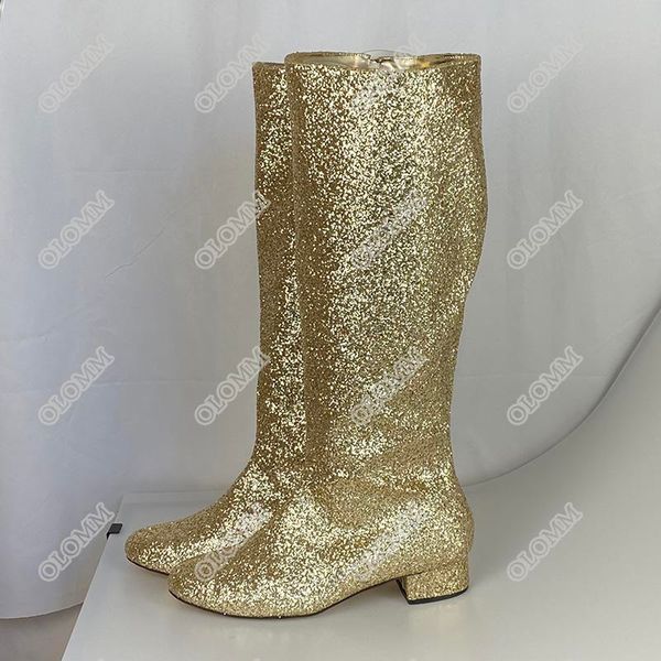 Высокое качество Olomm Новая мода Женщины Knee High Glitter Boots Квадрат Низкие каблуки сапоги Круглый носок серебряный клуб носить обувь женщин