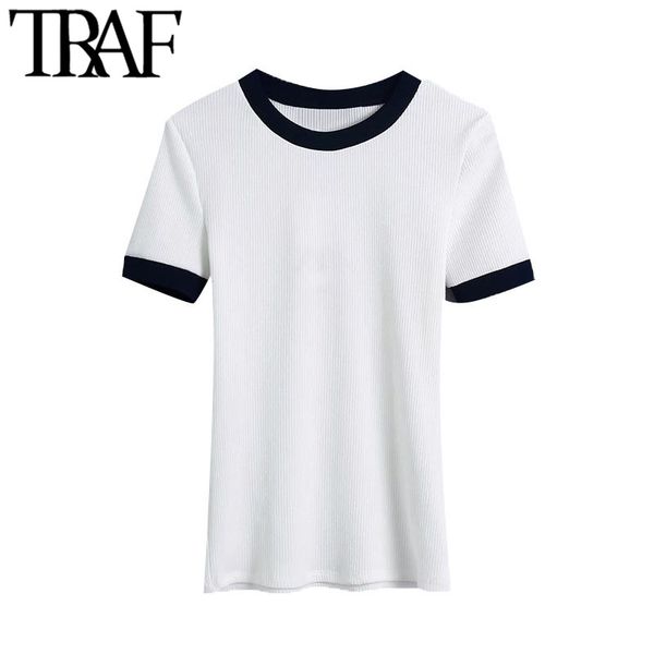 

traf women sweet fashion patchwork ribbed trims white t shirt vintage o neck short sleeve female tees mujer 210415