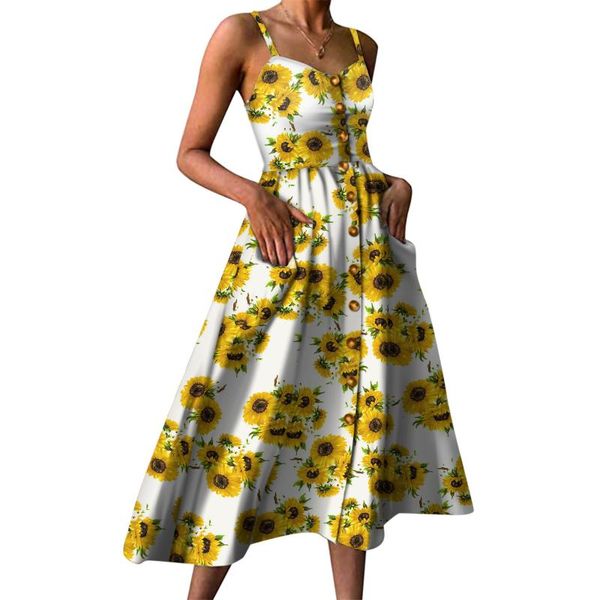

elegant spaghetti straps dress women bohemian printing button down swing pockets midi ladies summer casual dresses, Black;gray