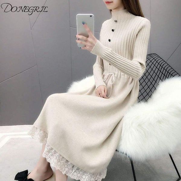 

casual dresses 2021 autumn winter knitting cotton a-line dress women turtleneck long sleeve sashes knee-length sweater, Black;gray