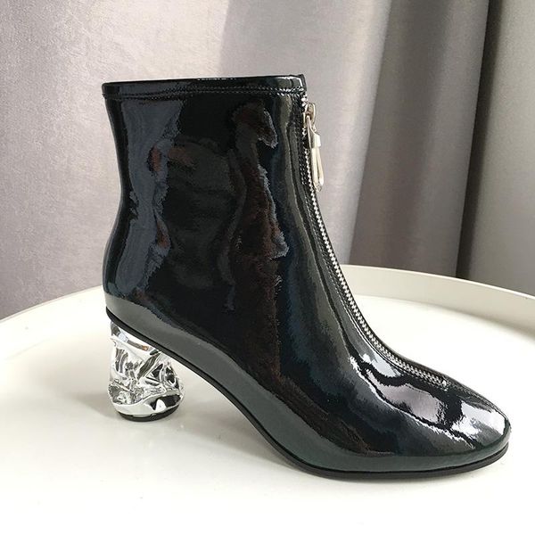 

boots phoentin cow leather ankle women side zipper closure fake zip decoration female shoes gradient green electroplated ft765, Black