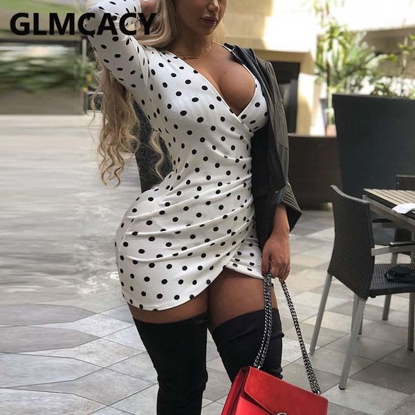 

casual dresses women long sleeve v neck mini dress polka dot printed slim party club bodycon, Black;gray