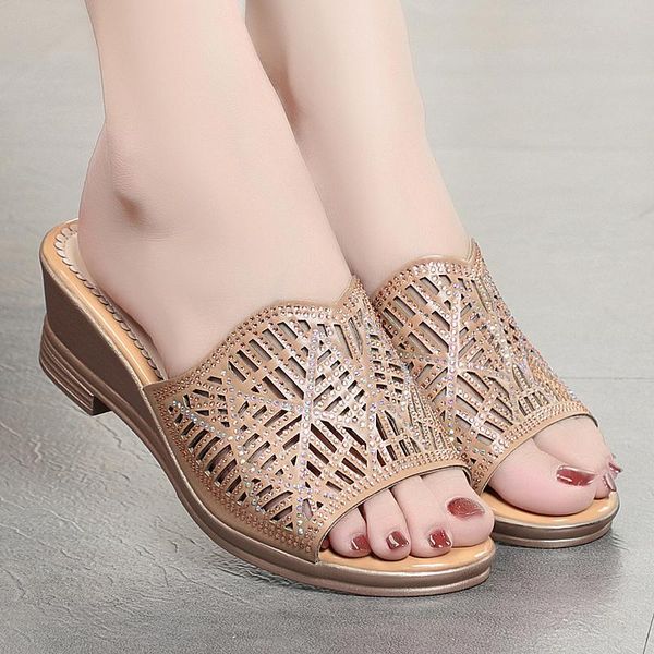 

slippers summer women fashion women's 2021 comfortable breathable wedge bottom versatile mesh rhinestone, Black