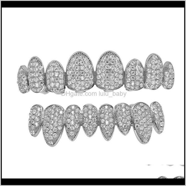 

grillz, body drop delivery 2021 hip hop iced out grillz pave cz stone & bottom grills dental mouth punk teeth caps cosplay party rapper j, Black
