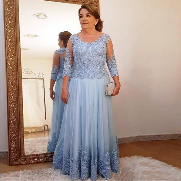 Elegante longa mãe da noiva veste um comprimento do chão de linha apliques laço 3/4 manga casamento vestidos de convidado noivo noivo vestido de noite