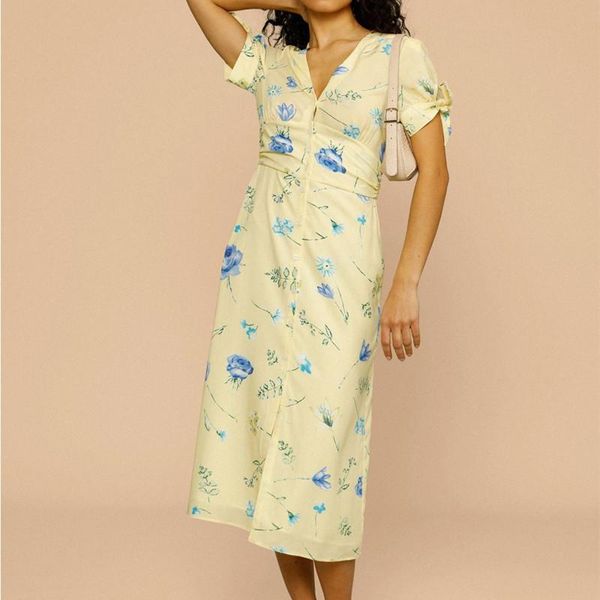

party dresses 2021 summer women's single breasted midi dress floral printed yellow short sleeve bow high waist split v-neck female robe, White;black