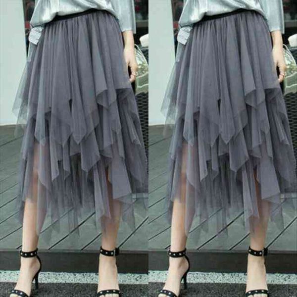 

tulle fashion elastic high waist womens skirt mesh tutu maxi pleated long midi irregular, Black