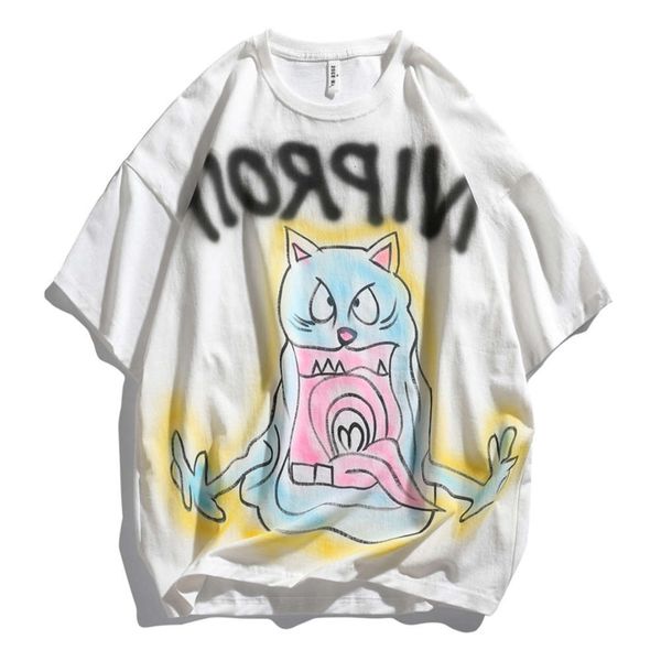 

men's shirt large men's street graffiti summer round neck pullover t-shirt loose tide brand short sleeve top, White;black