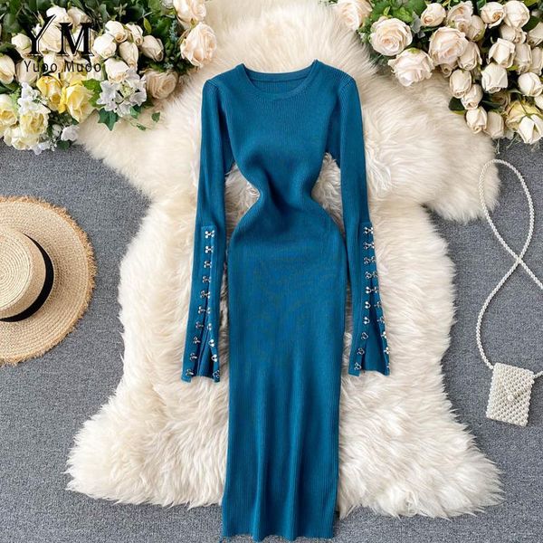 

casual dresses yuoomuoo ins fashion buttons design long sleeve women bodycon party dress 2021 autumn elegant ladies knitted sweater, Black;gray
