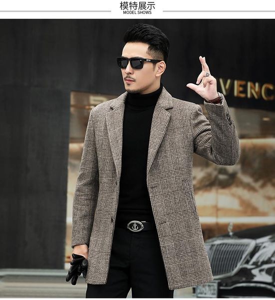 

arrival autumn and winter style men boutique woolen coat plaid wollen trench men's leisure blends m-4xl wool &, Black