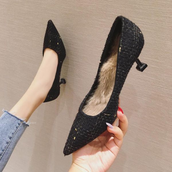 

dress shoes women's high heels real fur autumn and winter fashionable fine heel luxury fashion simple wedding leisure party, Black