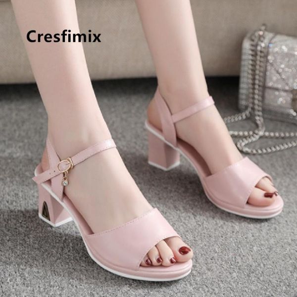 

cresfimix vrouwen sandalen women classic white pu leather heel sandals lady casual black & pink a5409