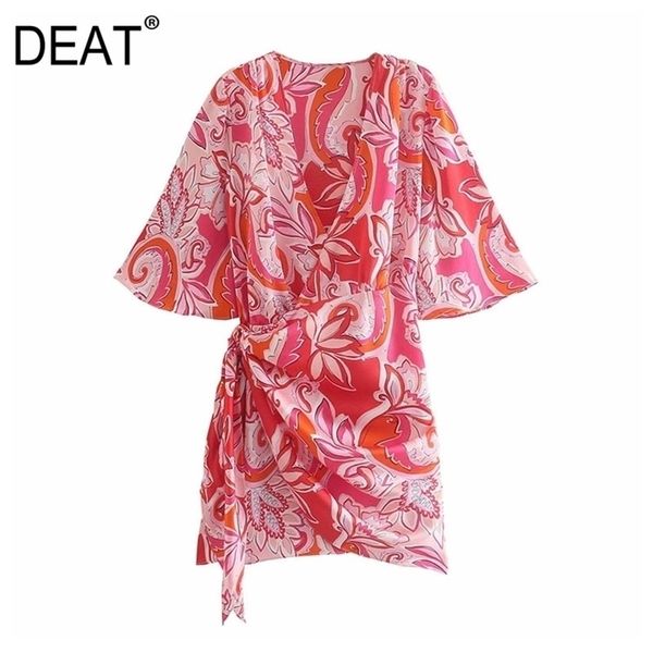 

[deat] women summer fashion v-neck three quarter sleeve folds printing temperament elegant mini dress 13q388 210527, Black;gray