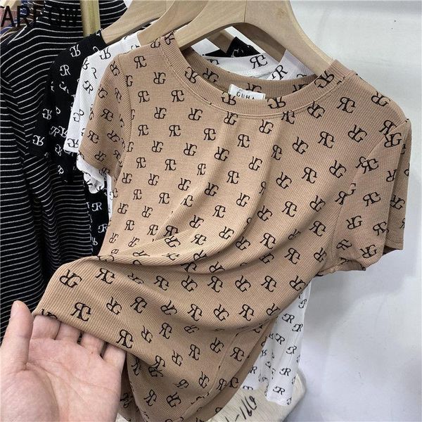 

women's t-shirt 95% cotton letter printing short-sleeved shirt 2021 spring slim all-match trend clothes women, White