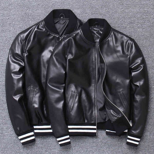 

real men's leather et, sheep coat, soft to fashion, casual wear, classic baseball leather, 2021, Black