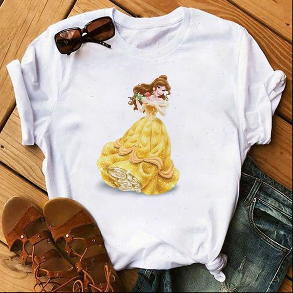 

cartoon princess print womens o neck short sleeve fashion casual loose girls shirts summer female tees, White