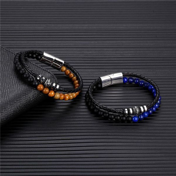 

charm bracelets men natural stone genuine braided leather bracelet stainless steel magnetic clasp lapis lazuli bead jewelry, Golden;silver