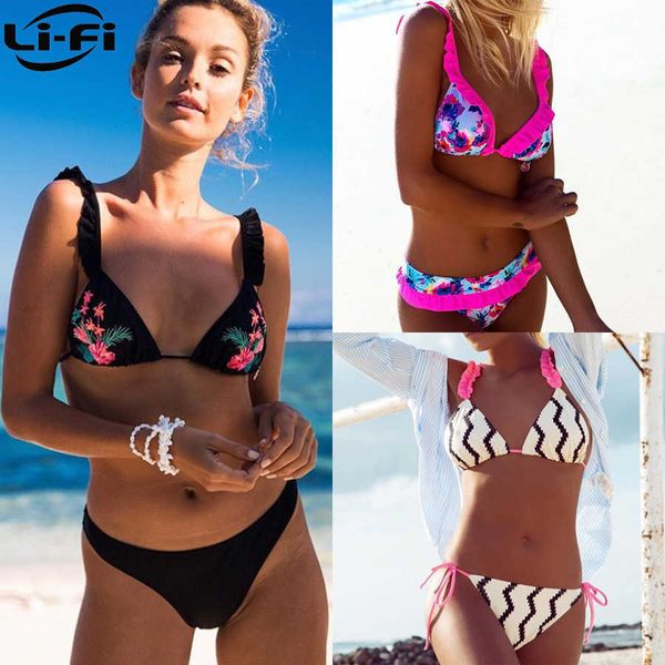 

li-fi brazilian bikini set women thong swimwear summer ruffle back swimming suit bather biquini maillot 210624, White;black