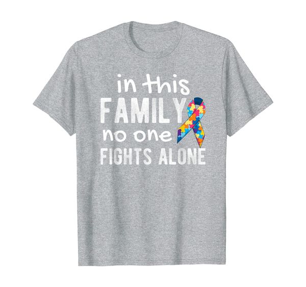 

in this family no one fights alone autism awareness t-shirt, White;black