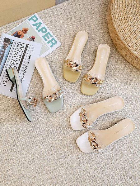 

slippers women summer shoes slides loafers fashion transparent heel pantofle low square luxury 2021 block rome rubber pu, Black