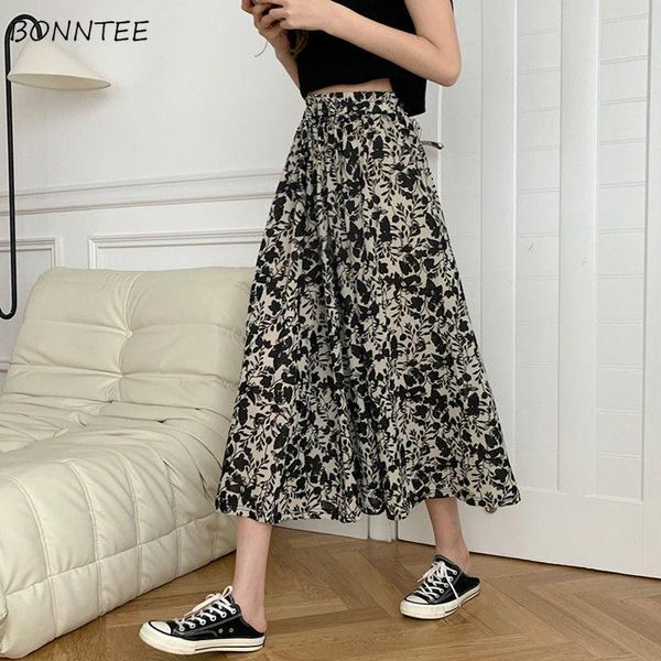 

skirts women elastic mid-calf floral simple korean vintage xxxl dropped mujer ins de moda all-match streetwear clothing pleated, Black