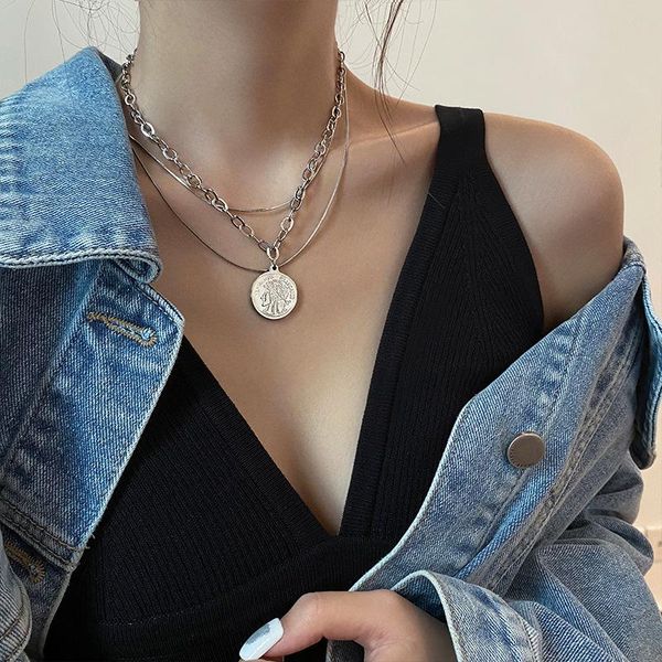 

chains multi-tiered coin necklace for women hip hop clavicle chain titanium steel accessories, Silver