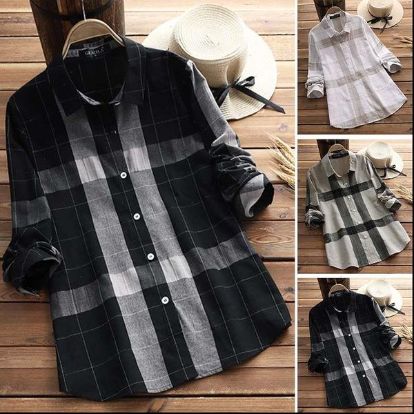 

plus size women blouses tunic womens check blouse casual plaid female button lapel shirts chemise office blusas woman 5xl, White