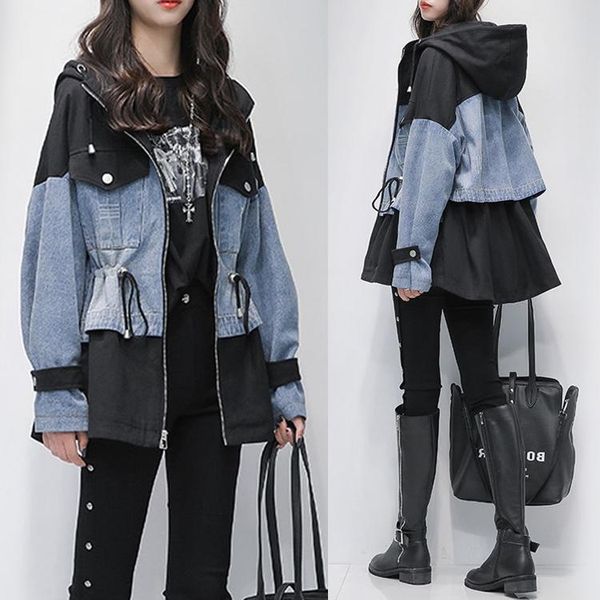 

women's trench coats plus size 2021 autumn and winter loose wild fat sister waist slim stitching denim jacket windbreaker, Tan;black