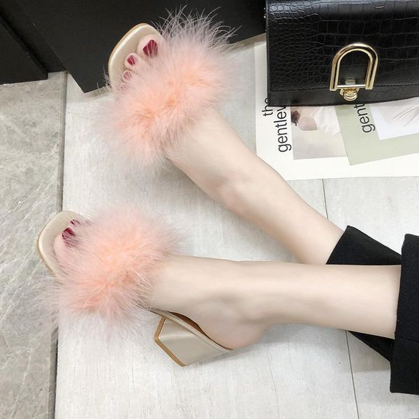 

fur sandals women/girl's designer summer furry slippers thick high heels transparent sandalias ostrich flip flops for women dress shoes, Black