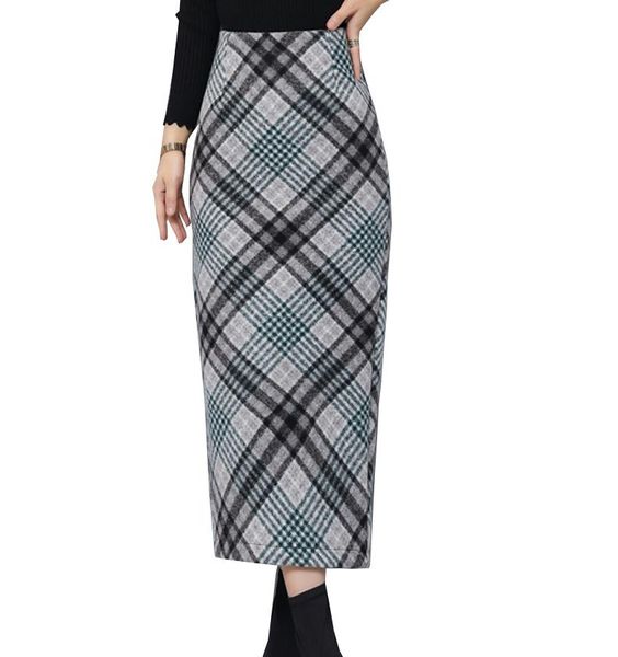 

skirts woolen midi 2021 winter high waist striped plaid mid-calf length office jupe femme saia workwear women pencil skirt, Black